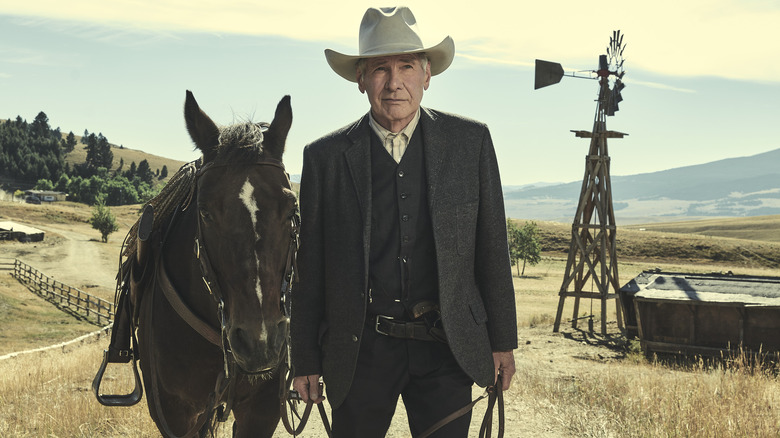 Harrison Ford as Jacob Dutton with horse in 1923