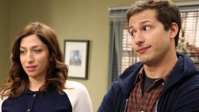 Chelsea Peretti and Andy Samberg as Gina Linetti and Jake Peralta on Brooklyn Nine-Nine