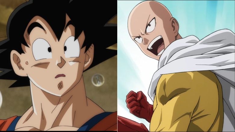 A split shot of Goku and Saitama