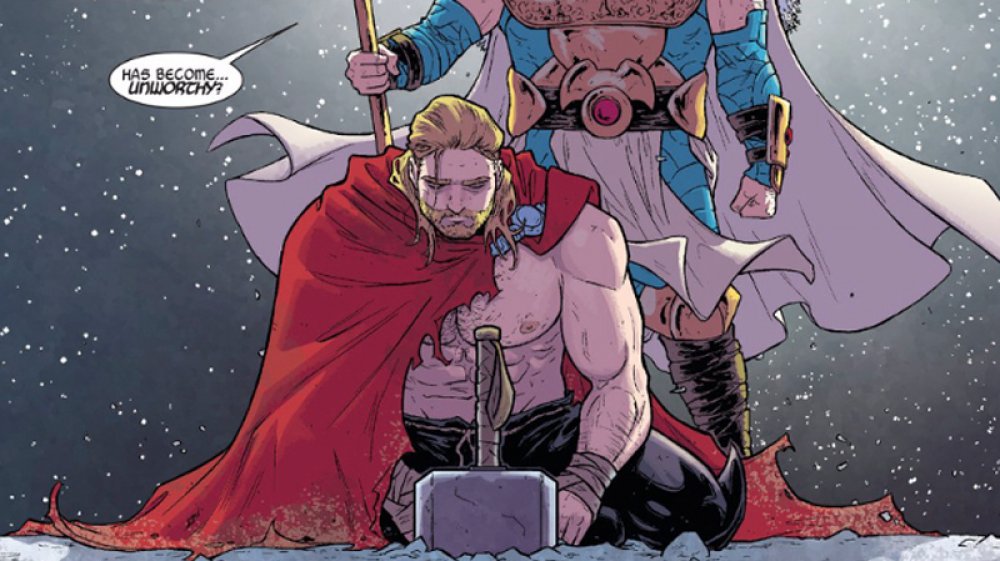 Sad Thor and judgmental Mjolnir in The Mighty Thor #1