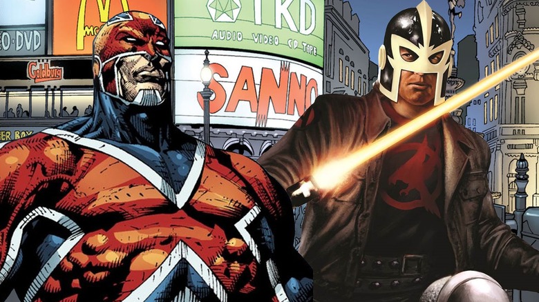 Captain Britain and Black Knight at Piccadilly Circus in London