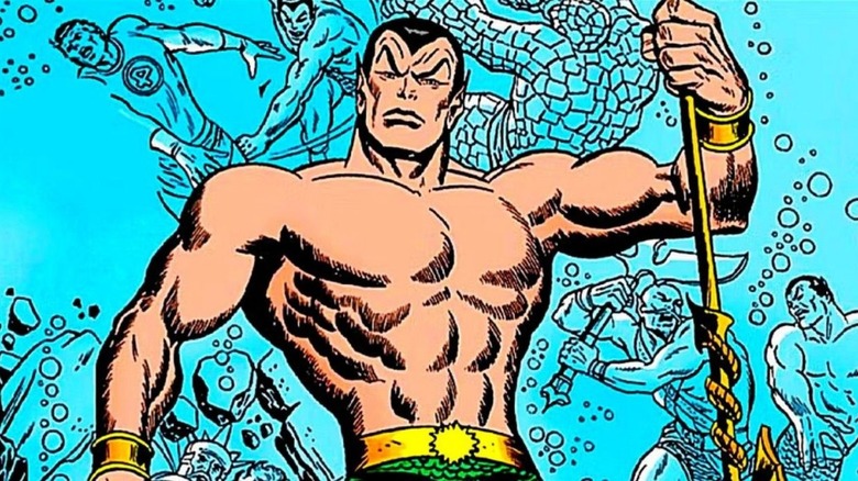 Prince Namor holding a trident with the Fantastic Four in the background on the cover of "Prince Namor: The Sub Mariner" #1