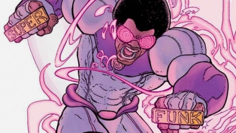 The Hypno-Hustler yelling amidst pink energy with Super Funk brass knuckles