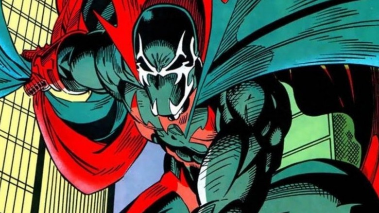 Nightwatch looking down from atop a building while holding back his cape