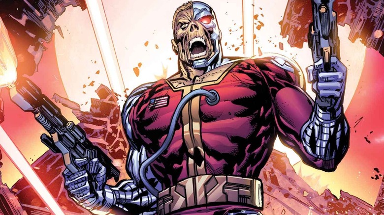 Deathlok screaming while firing his guns on the cover of "Deathlok 50th Anniversary Special" #1