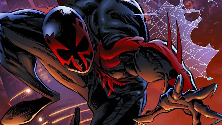 Spider-Man 2099 soaring through the sky
