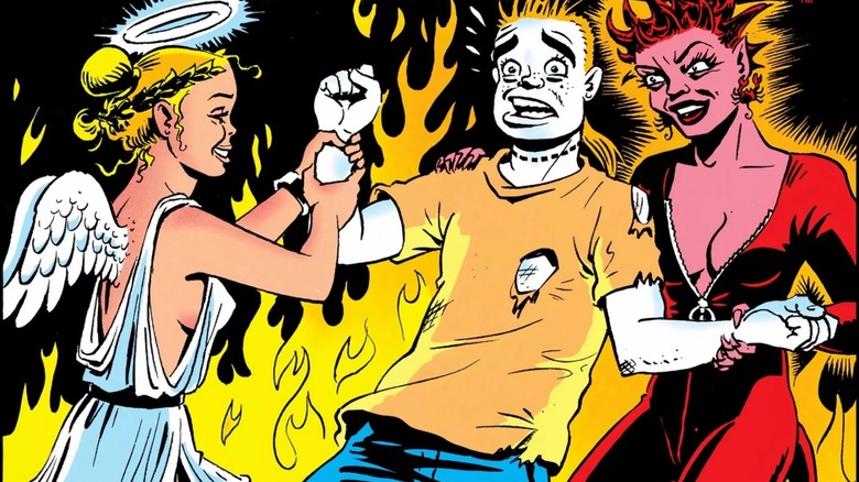 Mort with an angel and demon on the cover of "Mort: The Dead Teenager" #4