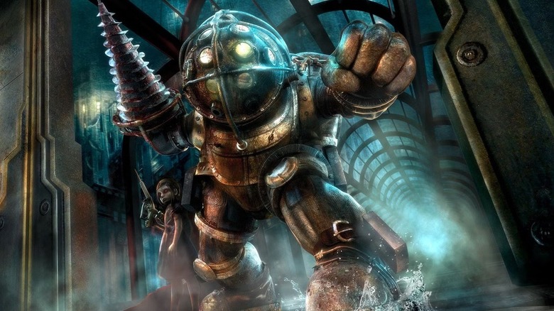 Big Daddy crashing through into a room in "BioShock"