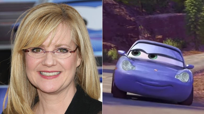 A split image of Bonnie Hunt in front of Sally Carrera, and Sally Carrera smirking on the road