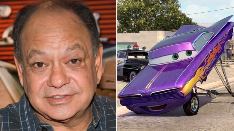 A split image of Cheech Marin and Ramone with his wheels raised