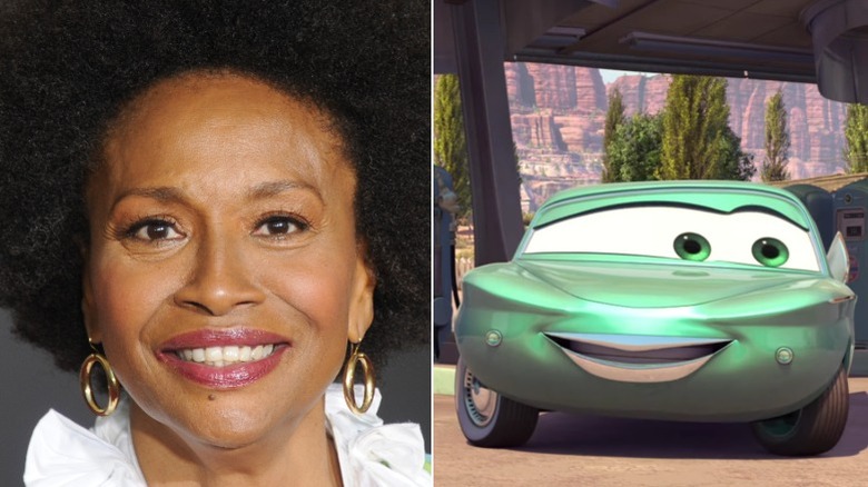 A split image of Jenifer Lewis on a "Cars" red carpet and Flo in her gas station