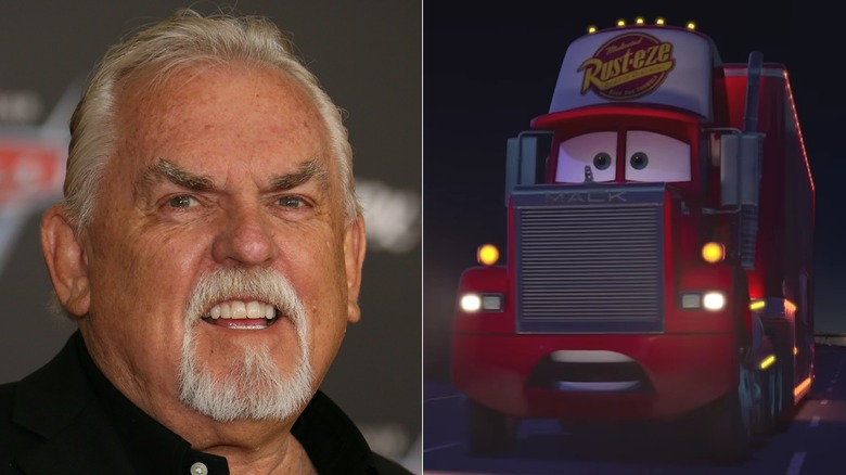 A split image of John Ratzenberger smiling on a Cars red carpet and Mack driving at night