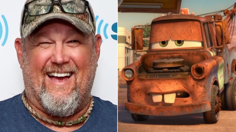 A split image of Larry the Cable Guy and Tow Mater