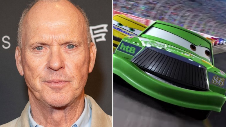 A split image of Michael Keaton on a red carpet, and Chick Hicks leading the pack on the racetrack