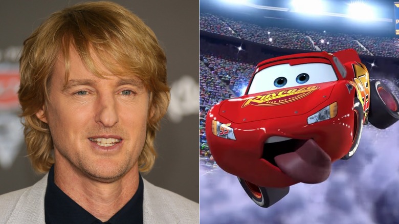 A split image of Owen Wilson on a "Cars" red carpet, and Lightning McQueen flying through the air with his tongue out