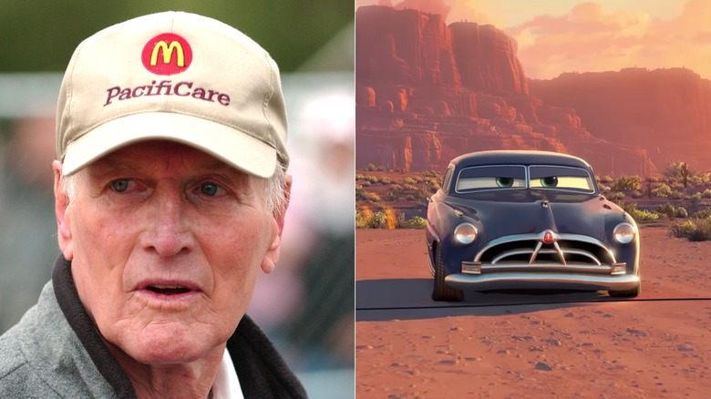 A split image of Paul Newman, and Doc Hudson glowering out in the desert
