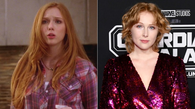 Alexis Castle with a concerned expression in "Castle" and Molly C. Quinn smiling at the "Guardians of the Galaxy Vol. 3" premiere in Hollywood.