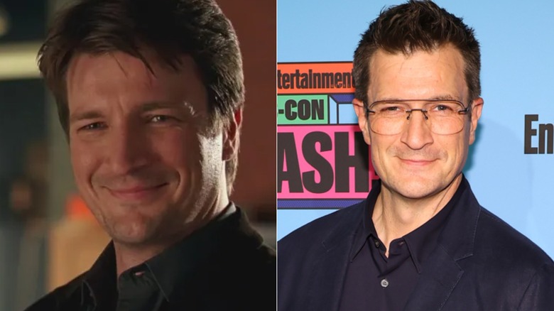 Richard Castle smiling in "Castle" and Nathan Fillion smiling at EW's Comic-Con Bash in July 2024.