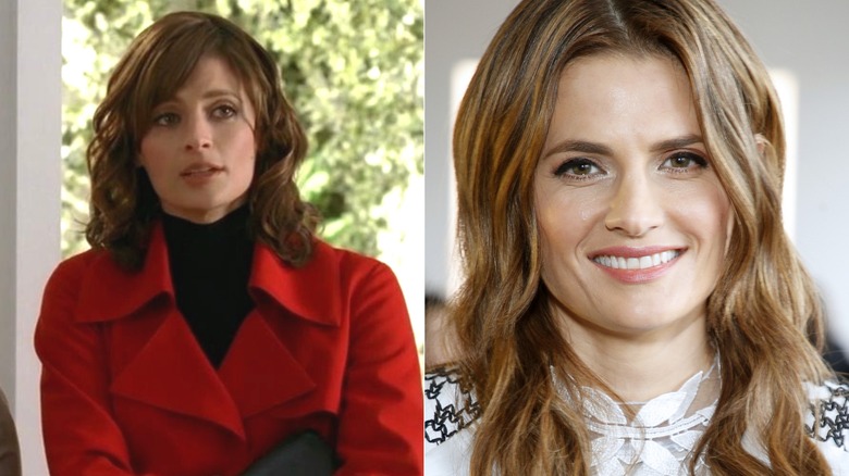 Kate wearing a red coat in "Castle" and Stana Katic smiling at New York Fashion Week in 2020.