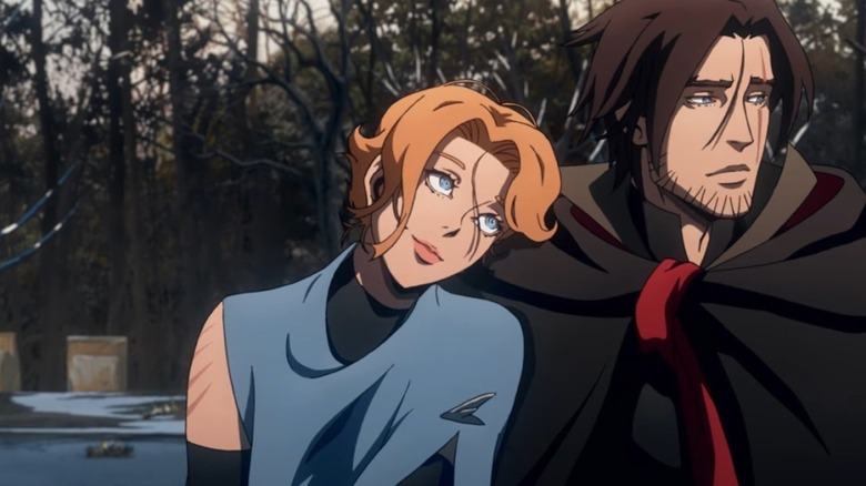 Sypha laying her head on Trevor's shoulder in Castlevania (2017)