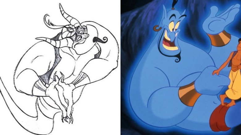 Concept art for Genie and the final design in "Aladdin" (1992)