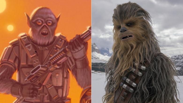 Concept art for Chewbacca and the final design in "Solo: A Star Wars Movie" (2015)
