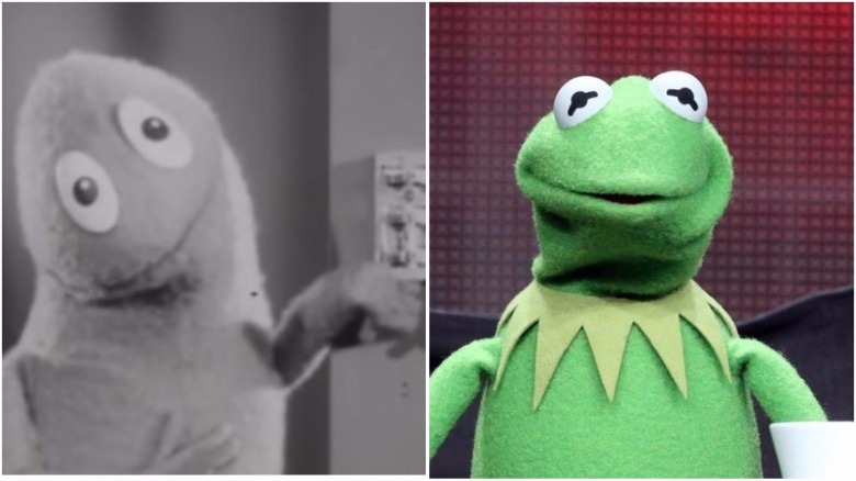 Kermit in a Wilkins Coffee commercial (left) and on "The Muppet Show" (right)