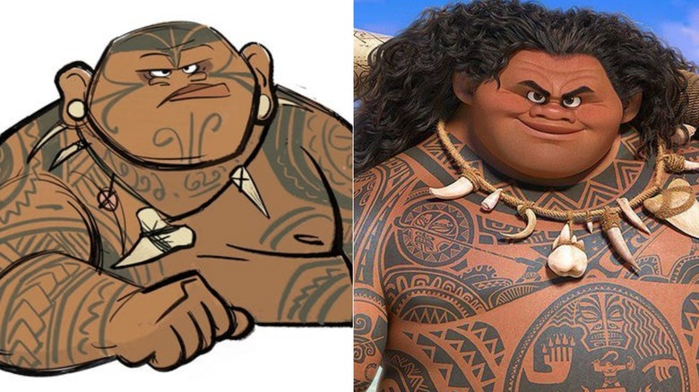 Original design for Maui and the final featured in "Moana" (2017)