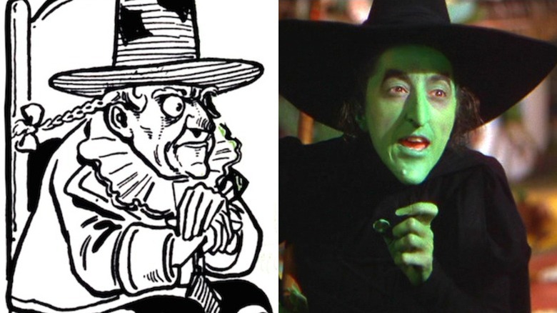 The Wicked Witch from the book (left) and in the movie "The Wizard of Oz" (right)