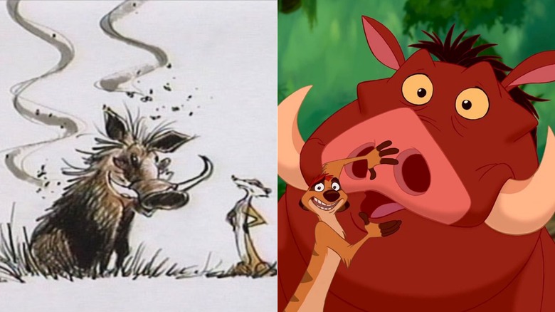 Timon and Pumbaa concept art and final design in "The Lion King" (1994)