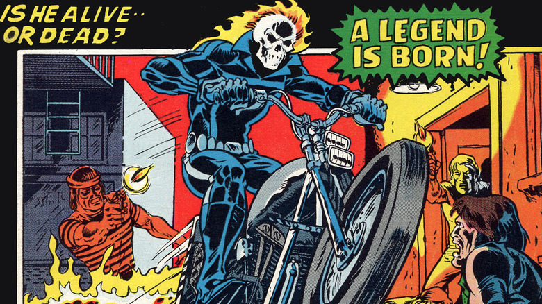 Comic Ghost Rider riding motorcycle away from enemies
