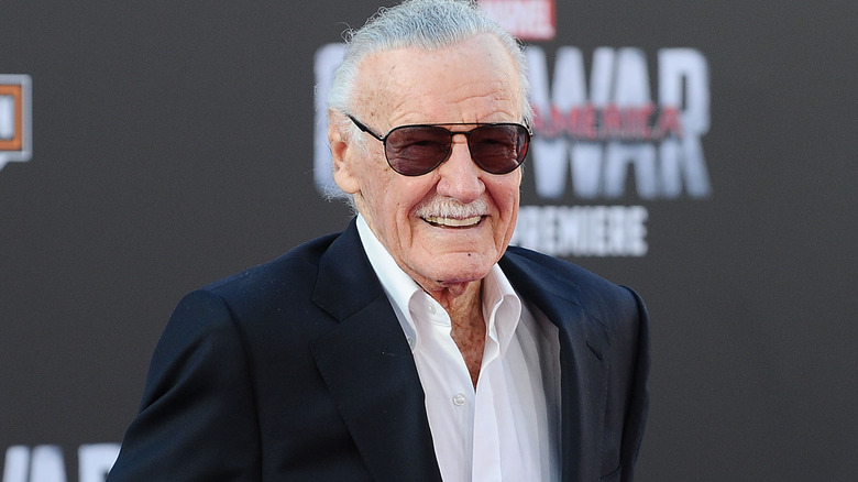 Stan Lee posing at the premiere of "Captain America: Civil War" on April 12, 2016