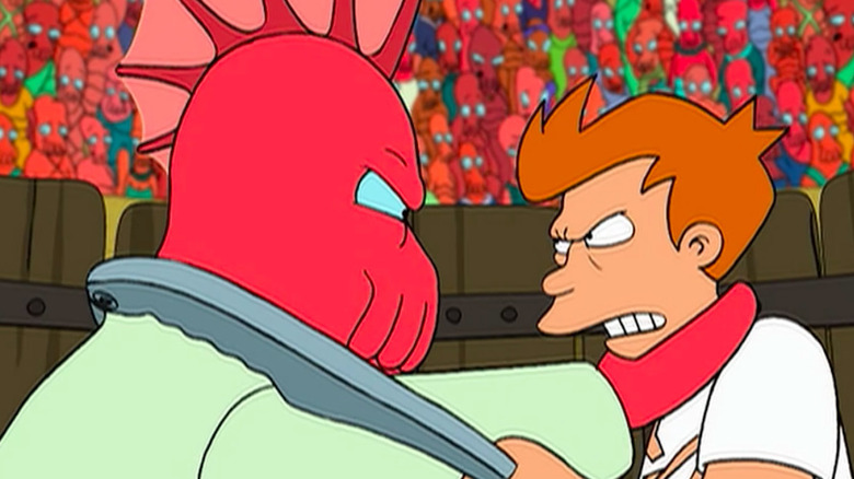 Fry and Zoidberg fighting on "Futurama"