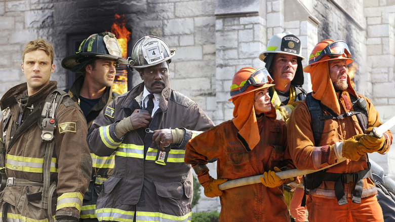 Matt Casey, Kelly Severide, and Boden wearing fire gear next to Bode, Vince, and Gabriela