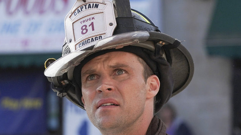 Jesse Spencer in fire helmet in Chicago Fire