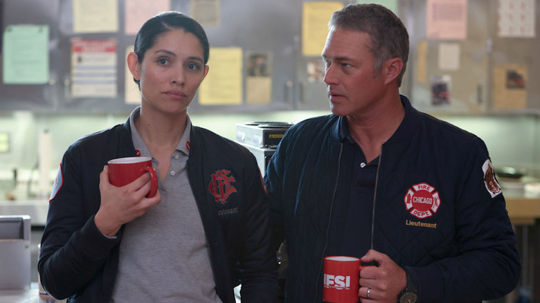 Miranda Rae Mayo and Taylor Kinney as Stella Kidd and Kelly Severide on Chicago Fire