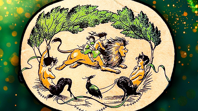 Cover of The Lion, the Witch and the Wardrobe (1950) kids riding Aslan