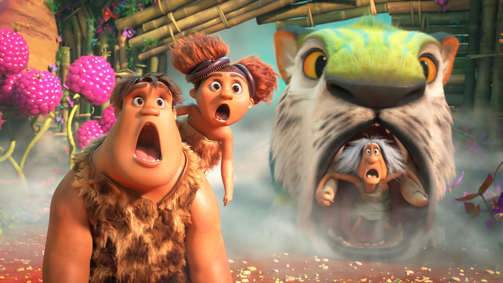 Thunk Crood (Clark Duke), Sandy Crood (Kailey Crawford) and Gran (Cloris Leachman) in The Croods: A New Age