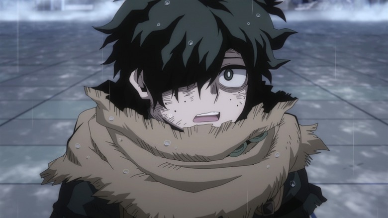 Deku looking sad in the rain