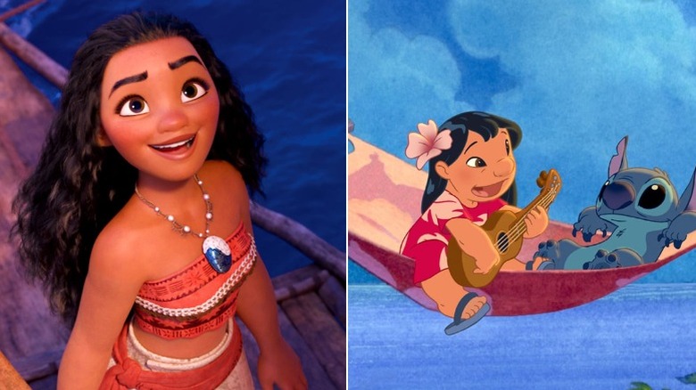 Moana sailing and Lilo & Stitch singing in hammock