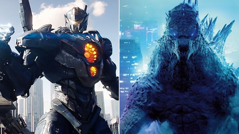 Gipsy Danger aiming a gun, Godzilla preparing atomic breath