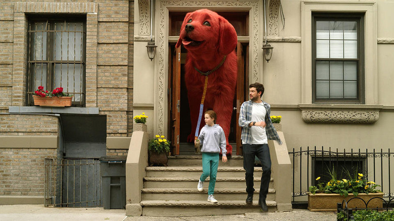 Clifford the Big Red Dog coming out of a building