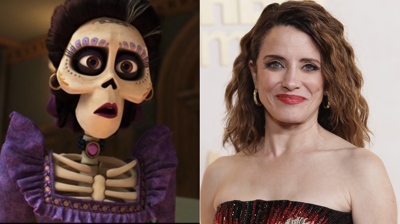 Side-by-side photos of Mamá Imelda wearing a purple dress in "Coco" and Alanna Ubach smiling at the "Hacks" Season 5 premiere