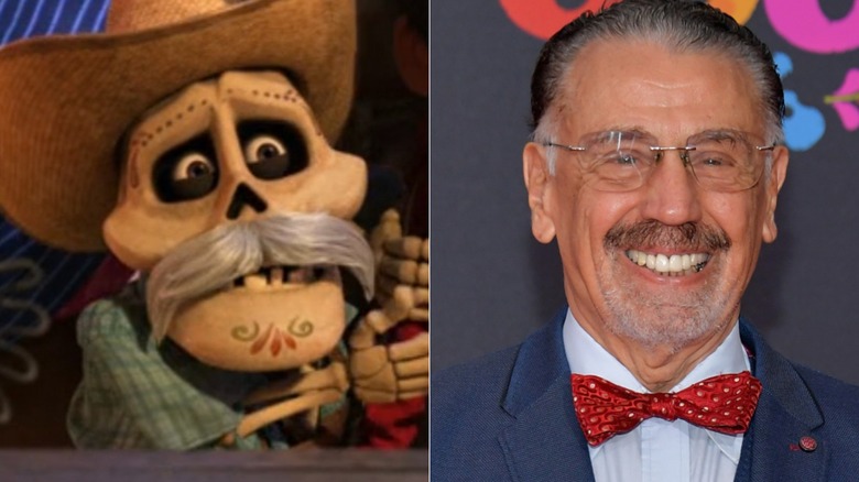 Side-by-side photos of Papá Julio grimacing in "Coco" and Alfonso Arau wearing a bowtie at the "Coco" premiere