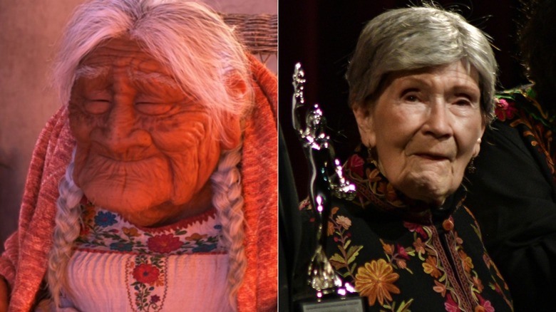Side-by-side photos of Mamá Coco smiling in "Coco" and Ana Ofelia Murguía holding an award
