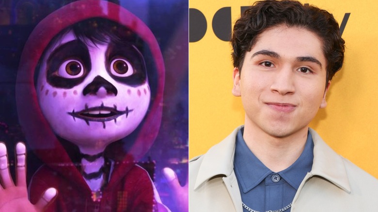 Side-by-side photos of Miguel looking out of a window in "Coco" and Anthony Gonzalez attending the "Hoppers" premiere