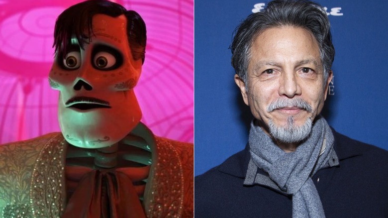 Side-by-side photos of Ernesto looking shocked with a pink background in "Coco" and Benjamin Bratt attending a screening of "Millers in Marriage"