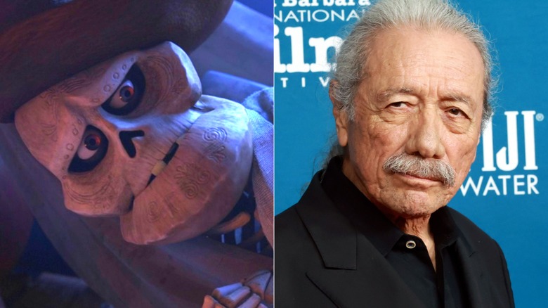 Side-by-side photos of Chicharrón lying down in "Coco" and Edward James Olmos at the Santa Barbara International Film Festival
