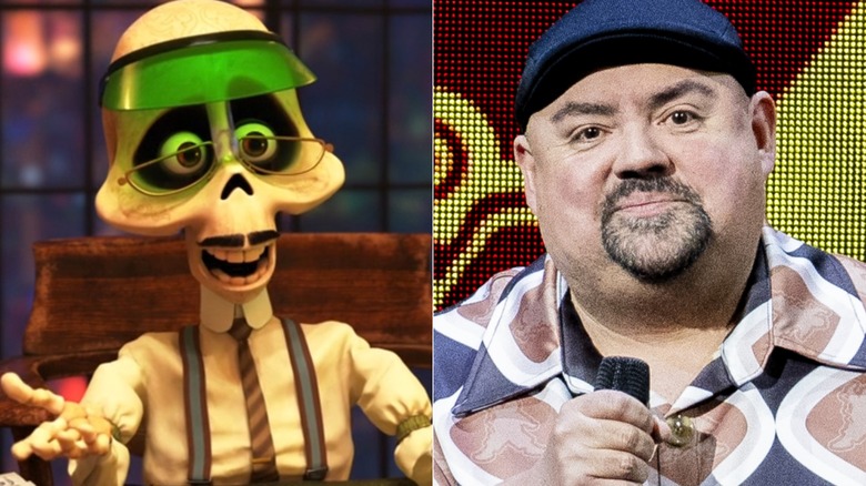 Side-by-side photos of Clerk wearing green visor in "Coco" and Gabriel Iglesias performing stand-up comedy