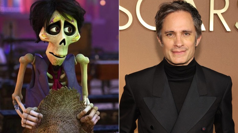 Side-by-side photos of Héctor holding his hat in "Coco" and Gael García Bernal posing at the Governors Awards